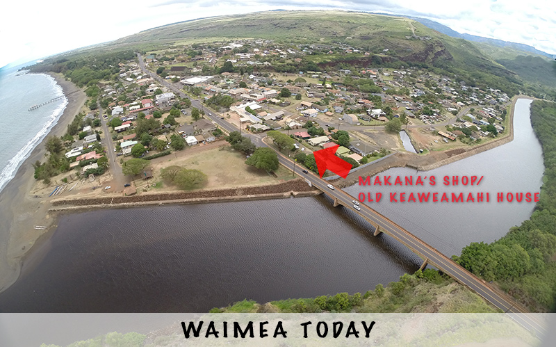 an aerial view of waimea, kauai and the base of Makana Charters.